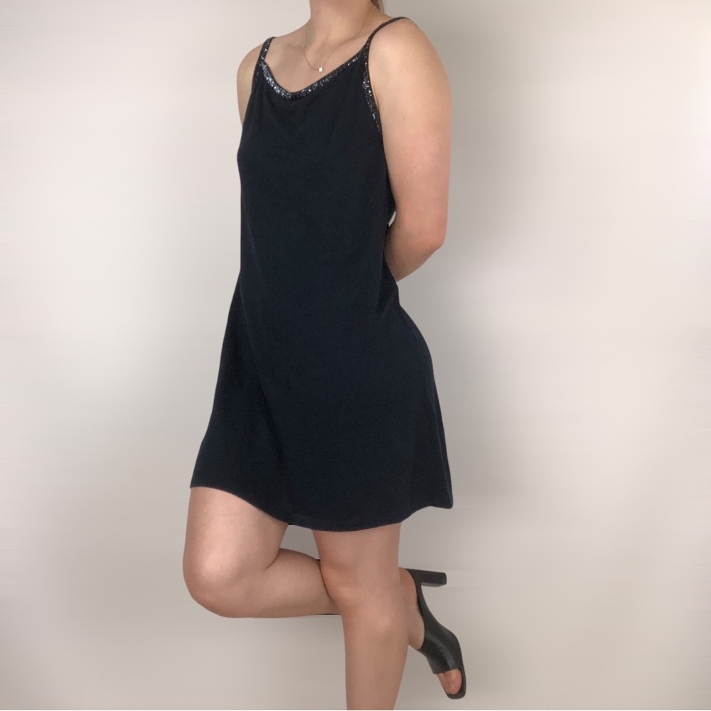 Eileen Fisher Linen Mini Dress Spaghetti Strap Beaded Navy‎ Blue Size M